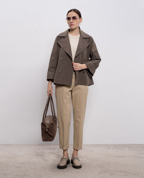 Peserico Brown cropped double-breasted trench coat with chain A2511303184