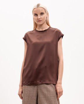 Brunello Cucinelli Brown silk top with monil chain MPC59EH500