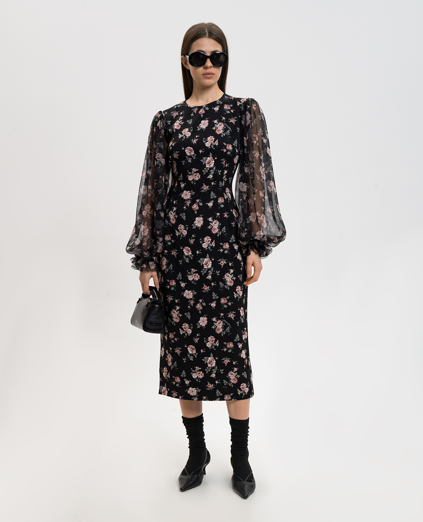 Black dress with floral print silk Dolce&Gabbana 2