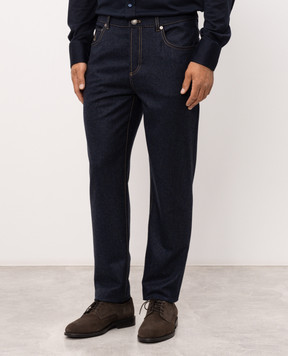 Brunello Cucinelli Blue wool pants with logo patch M038PF1012