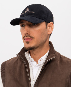 Brunello Cucinelli Blue suede cap with logo embroidery MPCLF9850