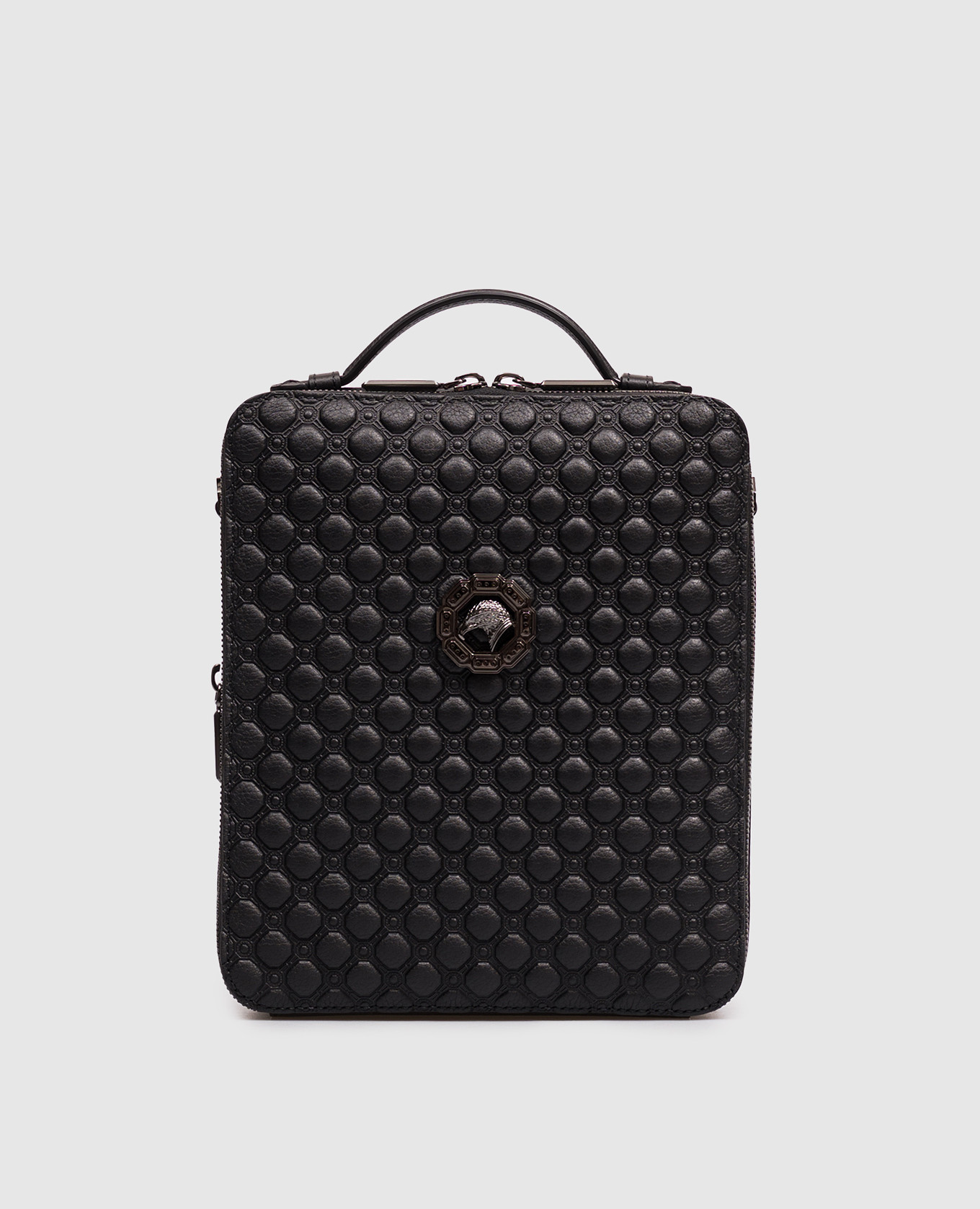 Black leather bag with brand embossing