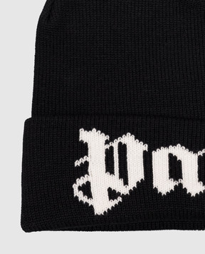 Palm Angels Children's black hat with contrasting logo pattern F6PAJBHT227