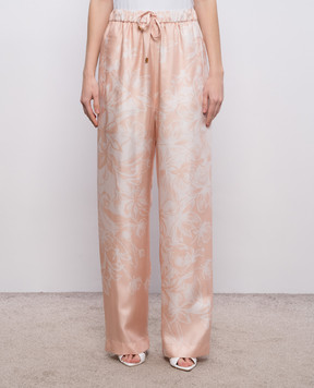 Agnona Beige silk pants with floral print T70911XS4068
