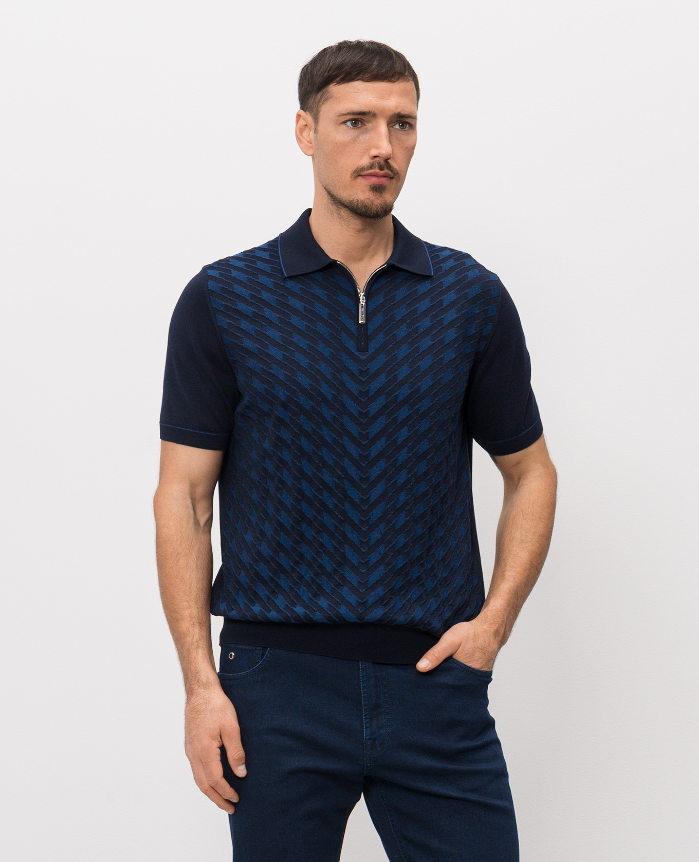 

Navy blue polo shirt with geometric pattern silk Stefano Ricci