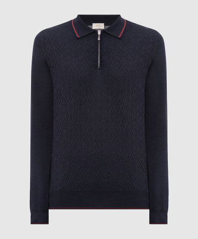 Blue wool, silk and cashmere polo shirt