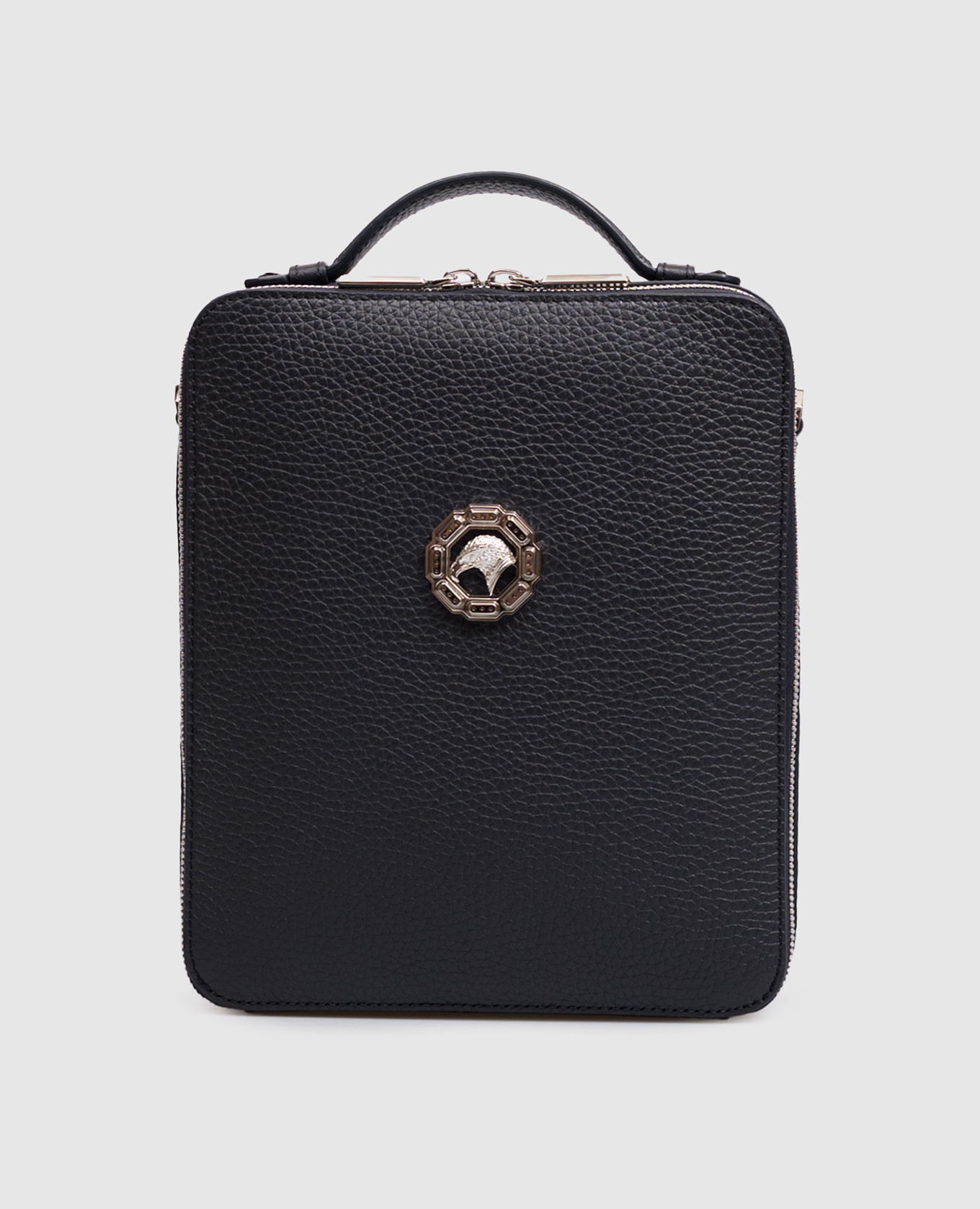 Blue leather bag with emblem