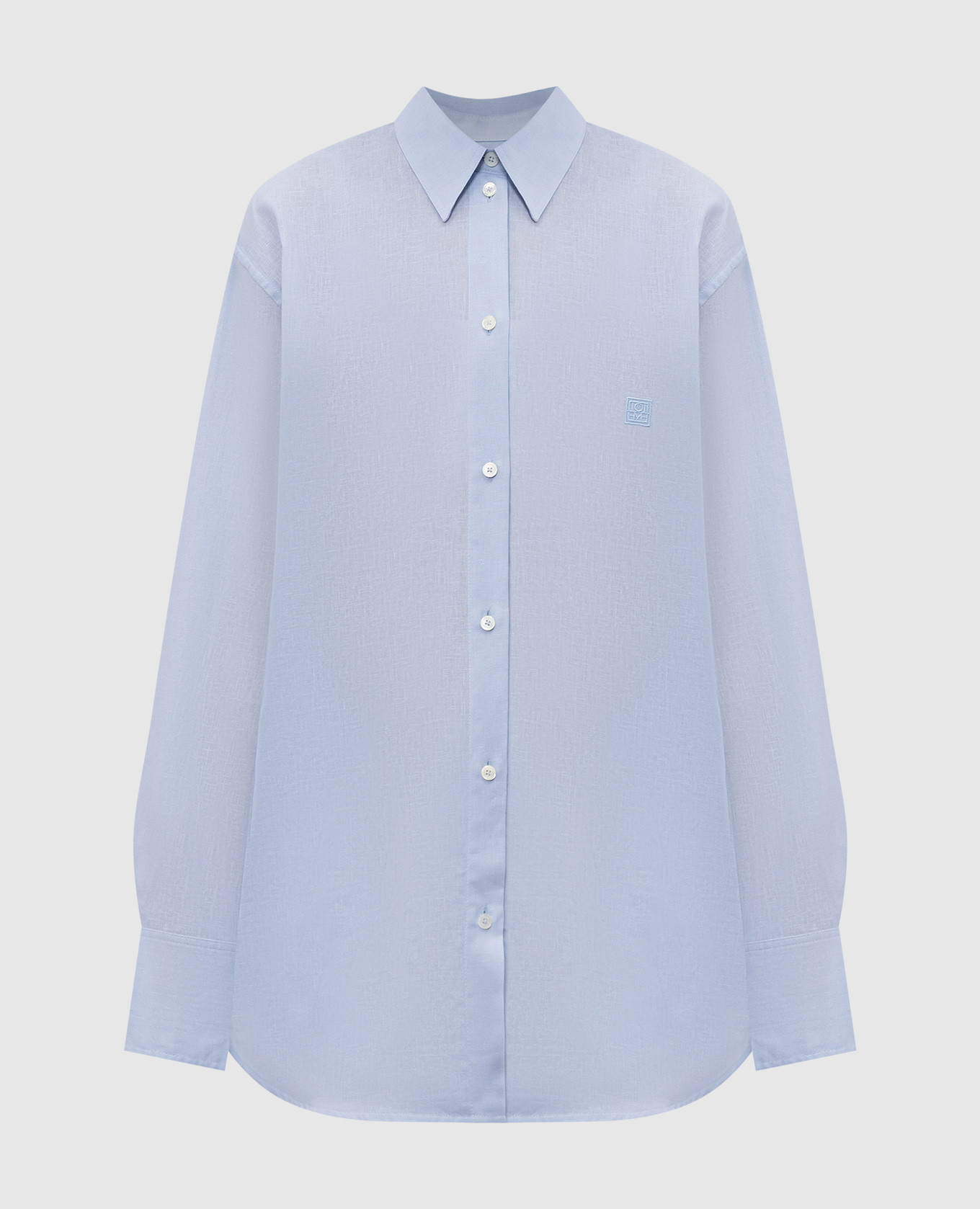 Blauwe linnen blouse met monogramborduurwerk