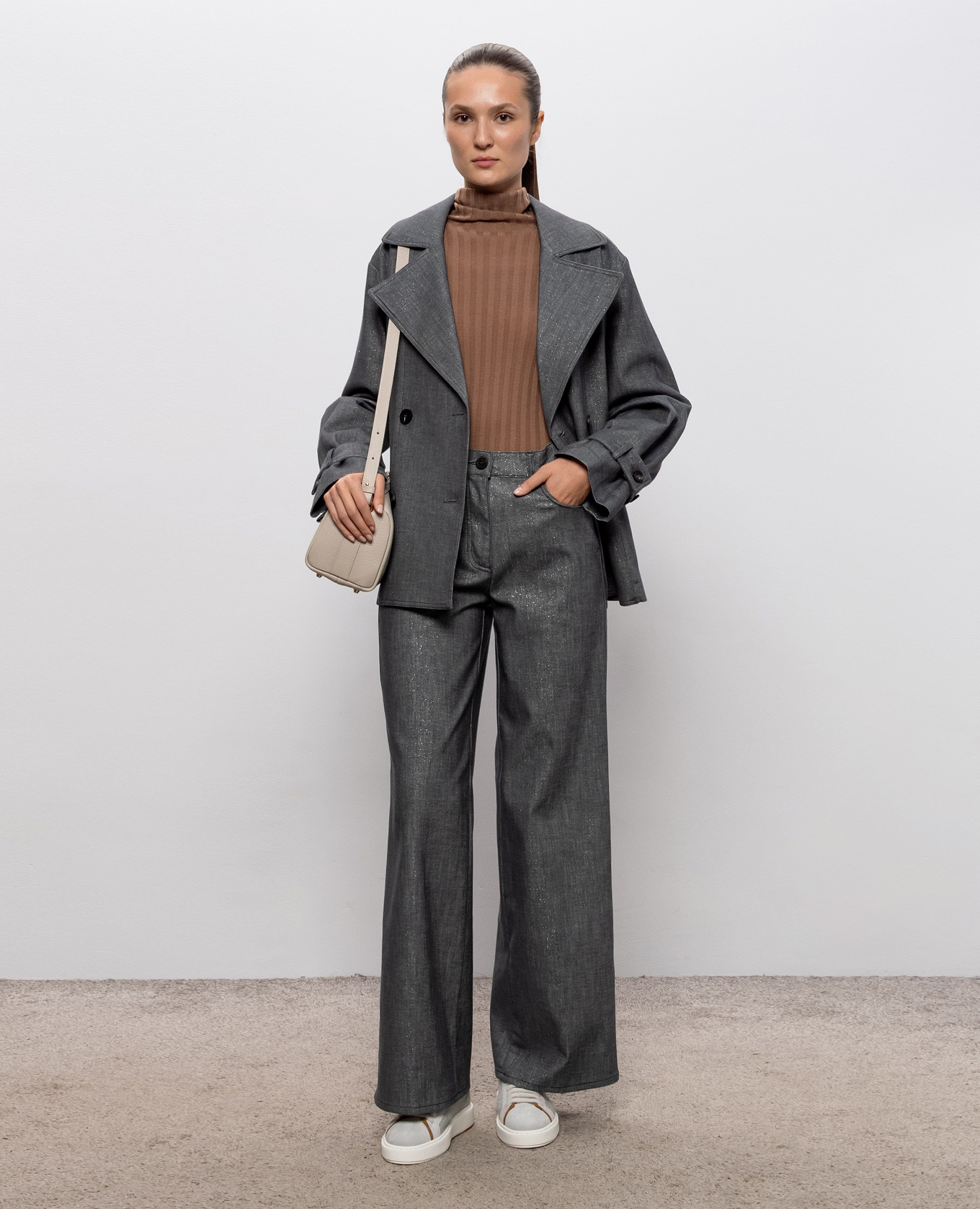 Gray cropped trench coat with lurex Peserico 2