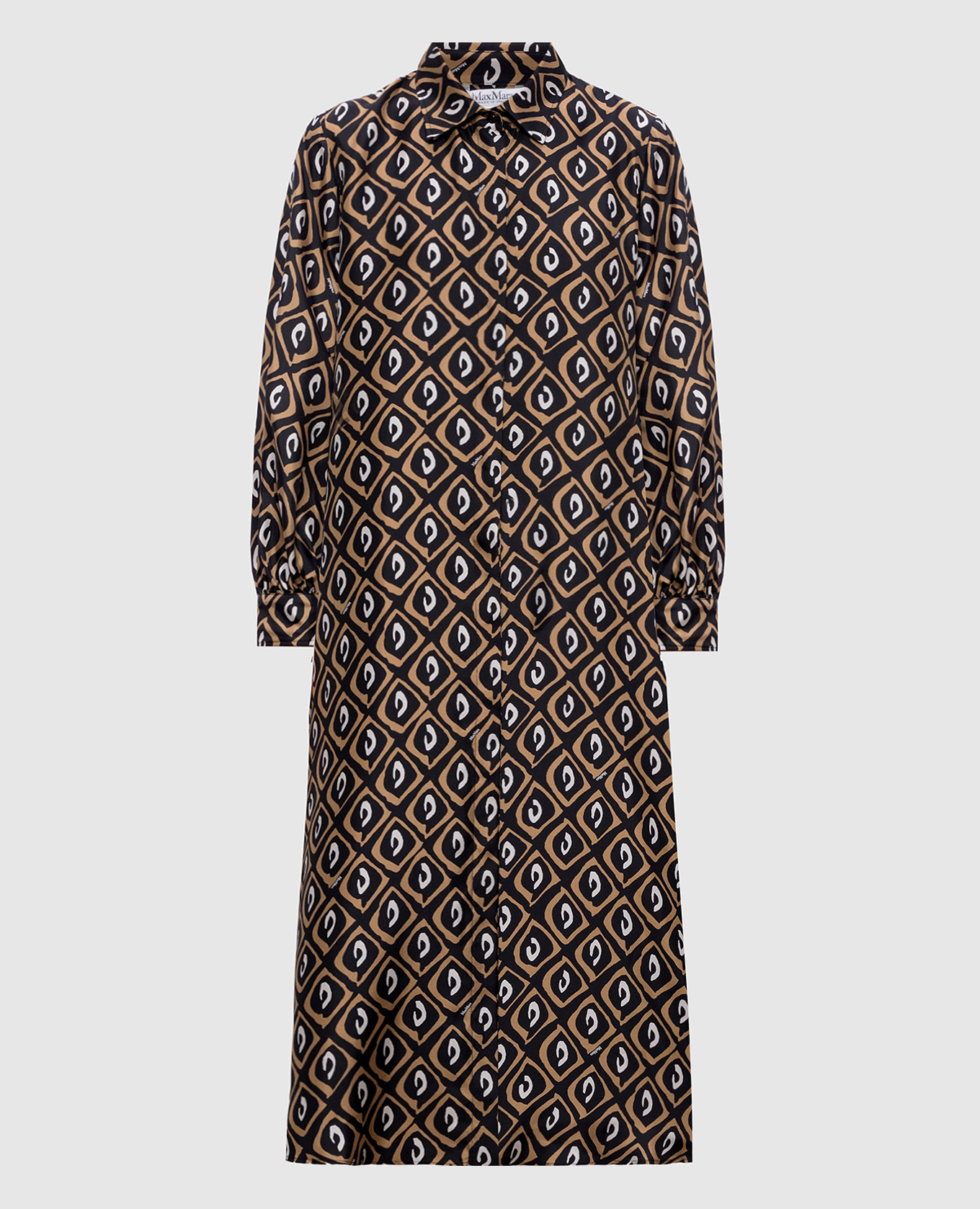 Black printed silk shirt dress with belt
