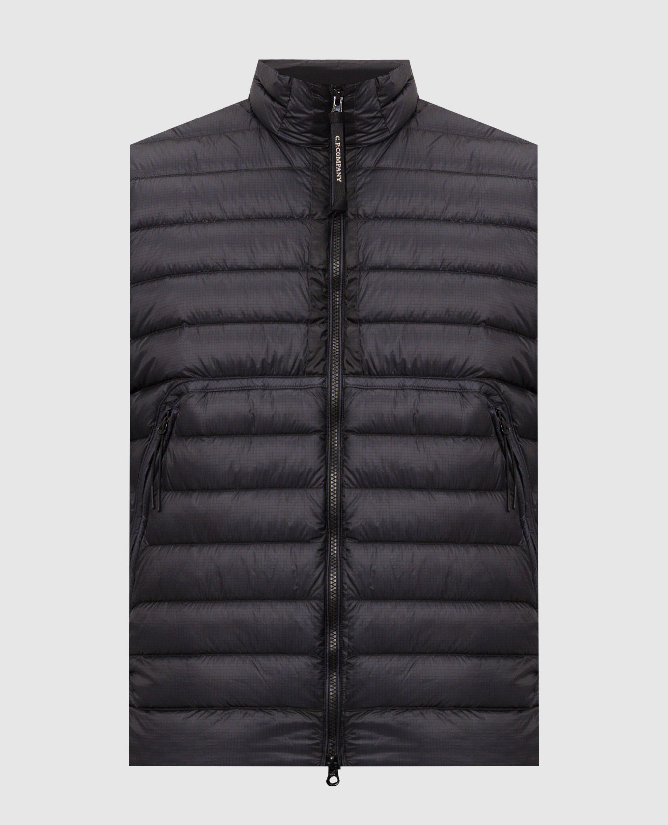 Blue down vest with logo patch