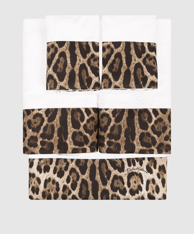 Set of white terry towels with leopard inserts 5 pcs