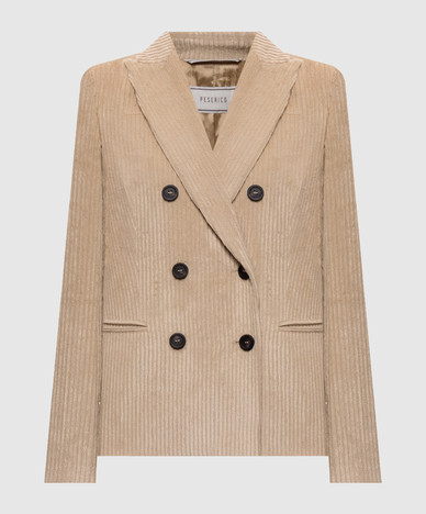 Beige double-breasted corduroy jacket with lurex