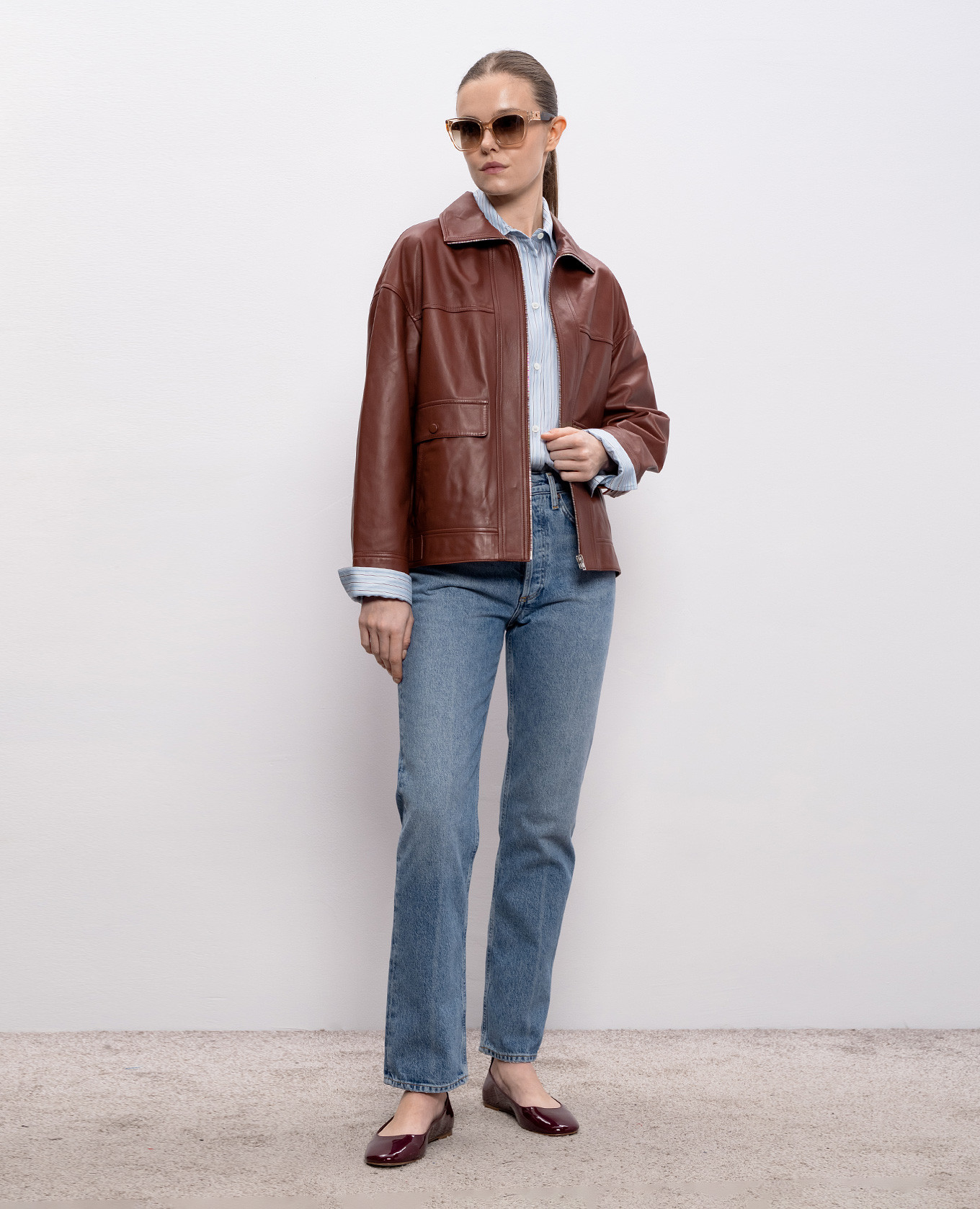 Brown straight-cut leather jacket Yves Salomon 2