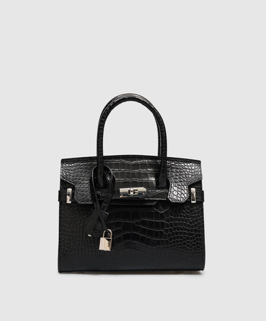 Zwarte tas van leer met krokodillenprint