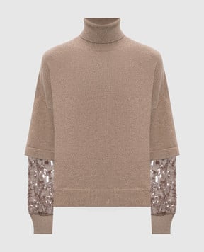 Brunello Cucinelli Beige cashmere sweater with sequins M12730003