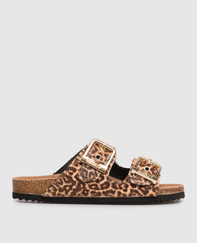 Colors of California Brown leather SLOFI flip-flops with leopard print HCBIO502