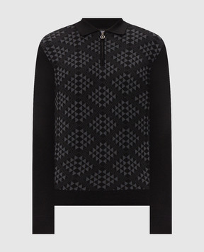Stefano Ricci Black cashmere and silk polo shirt with geometric pattern K808113P30F26378