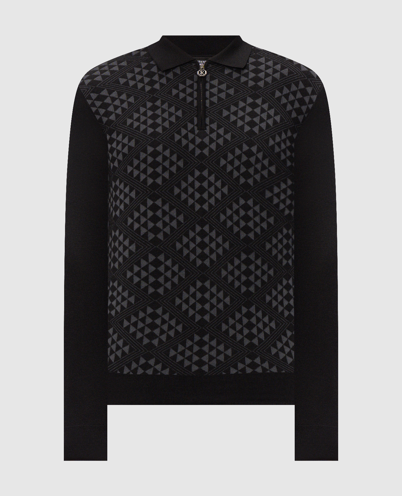 Black cashmere and silk polo shirt with geometric pattern