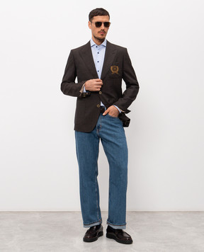 Dolce&Gabbana Brown wool blazer with embroidered monogram logo G2TF4ZHU2BO