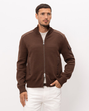 Moncler Brown wool cardigan with logo patch L20919B00003M1131