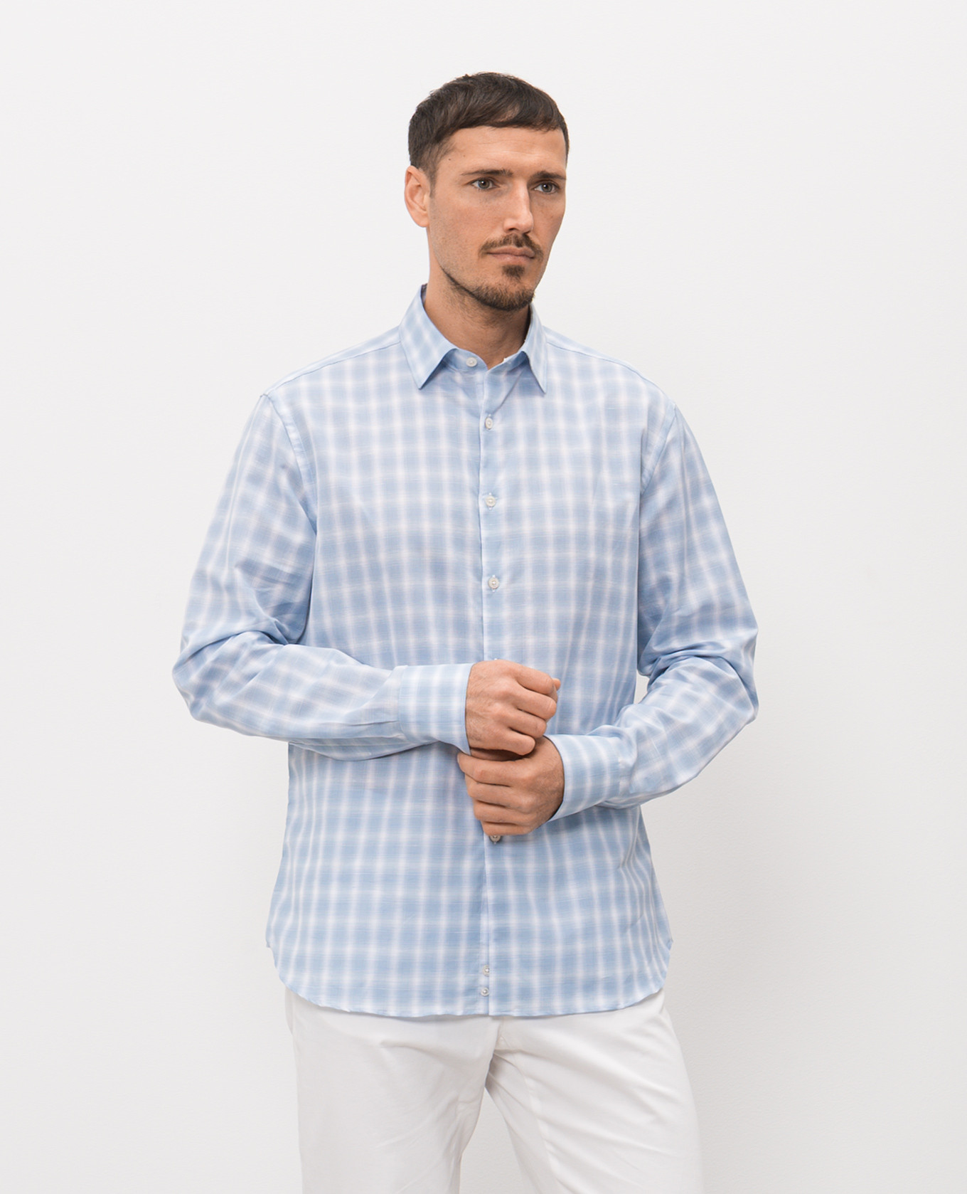 

Blue checked linen shirt Canali, Light blue
