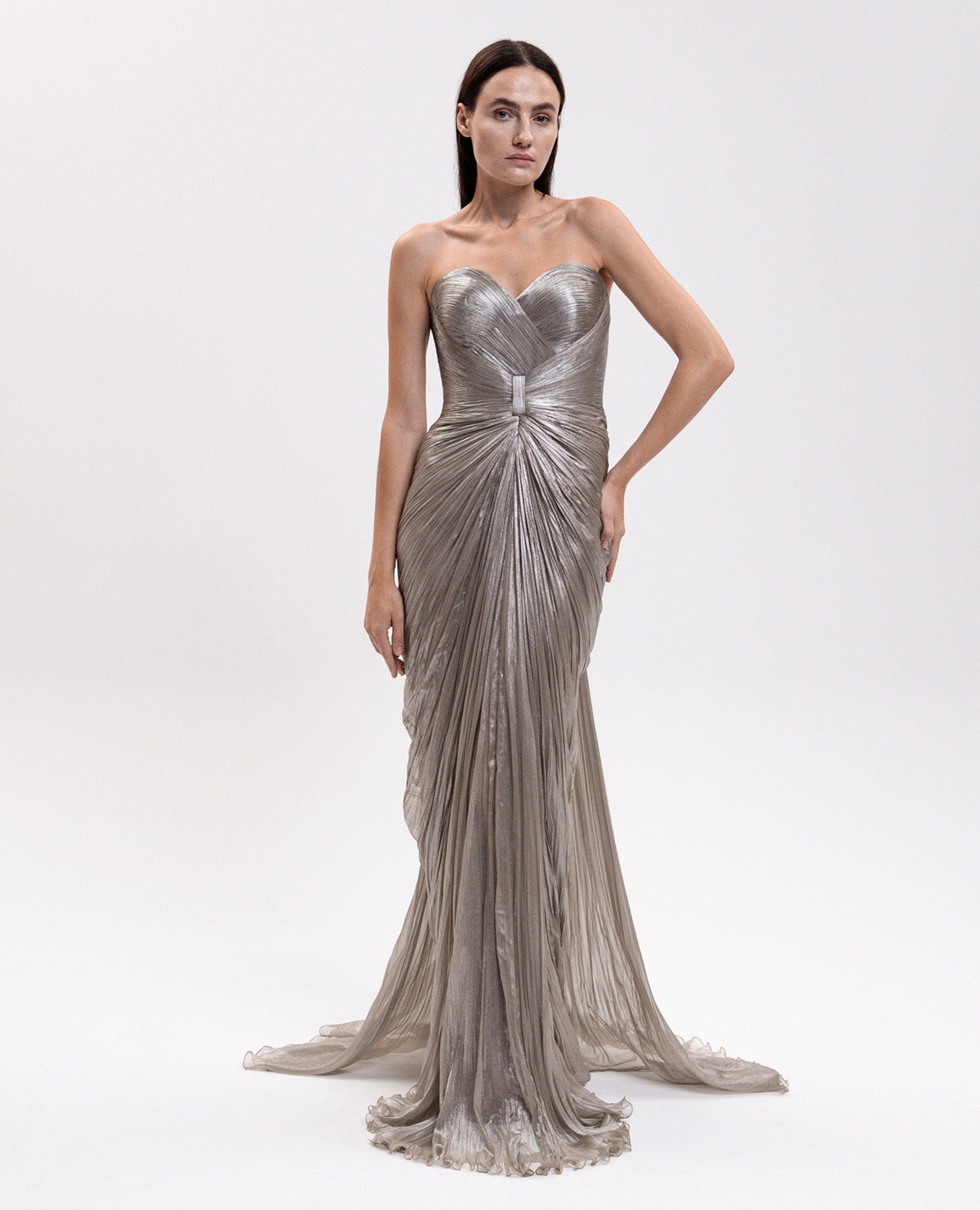 Iolanda beige bustier dress with drapery Iris Serban 2