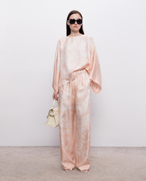 Agnona Beige silk pants with floral print T70911XS4068