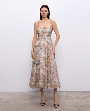Nissa Beige linen and silk midi dress RC16502