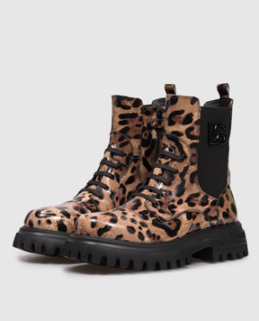 Dolce&Gabbana Children's brown leather glossy shoes with animal print D11360AM5683136
