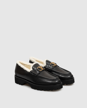 Valentino Black leather loafers with Buffalo fur VLogo 9W2S0NF5JJJ