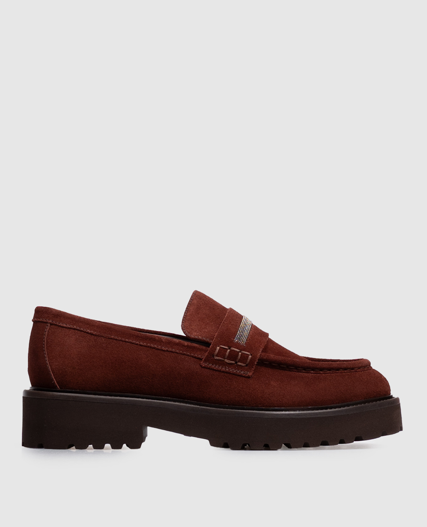 Brown suede loafers with monil chain