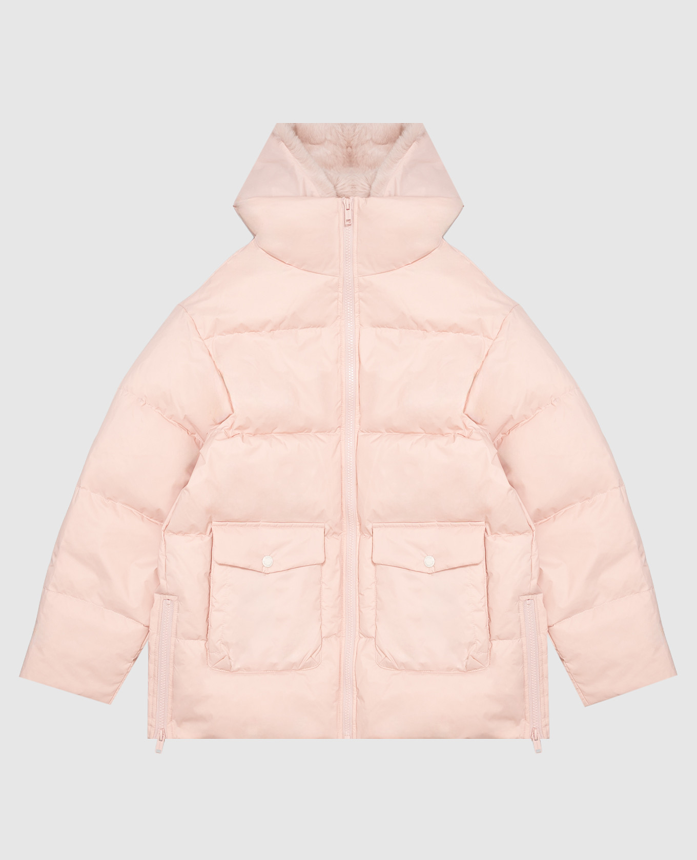 Children's pink down jacket with rabbit fur