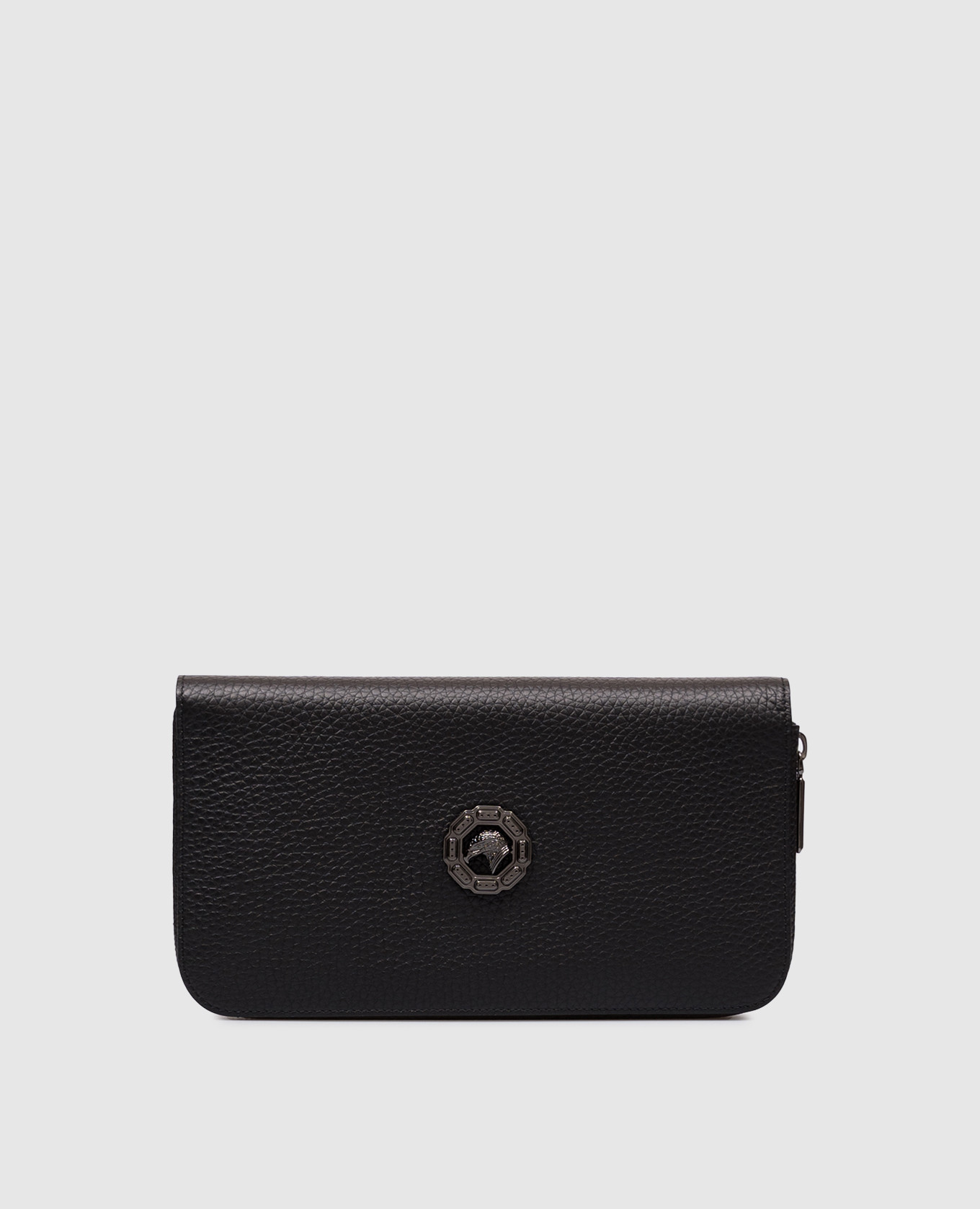 Black leather clutch wallet with metal emblem