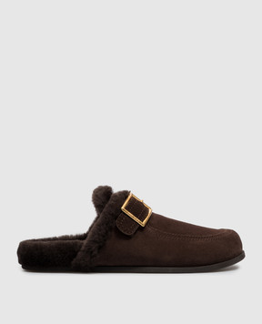 Jimmy Choo Brown suede mules with fur trim and logo engraving BIKERMULEFVSG