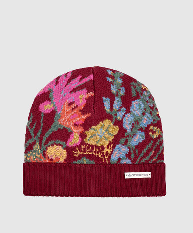 Burgundy wool hat with floral pattern