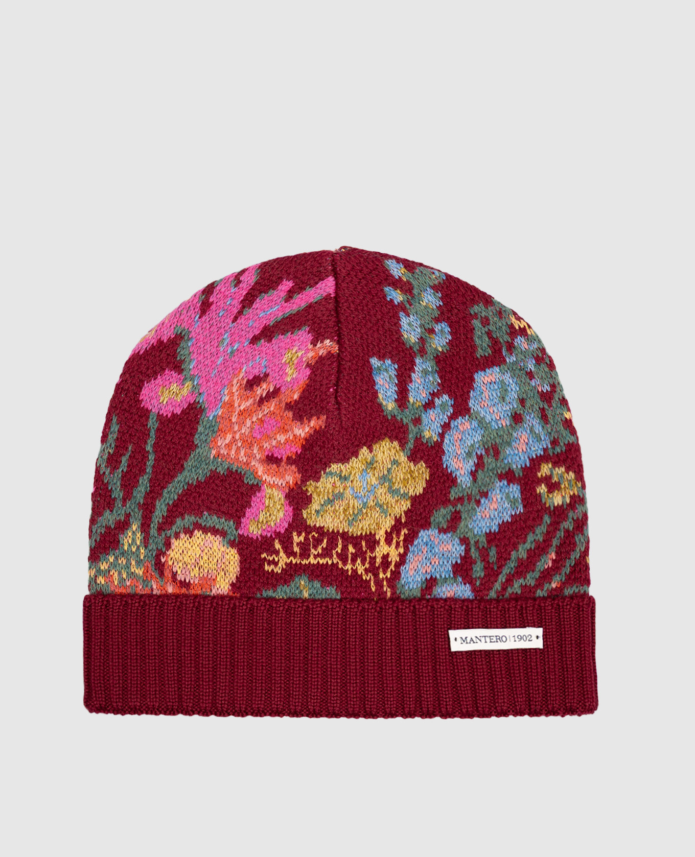 Burgundy wool hat with floral pattern