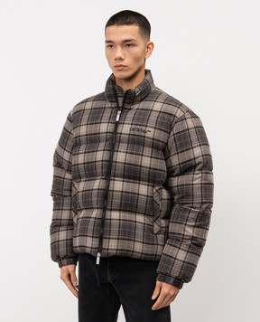 Off-White Gray checked down jacket with logo OMED065F25FAB001