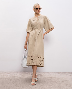 Yves Salomon Beige silk and linen midi dress 26EYR04525TSCL