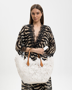 Ermanno Scervino Life White tote bag with floral pattern and raffia D484S500ZQP