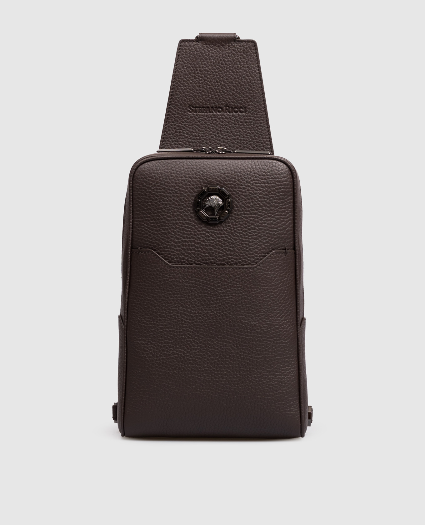 Brown leather sling bag with emblem