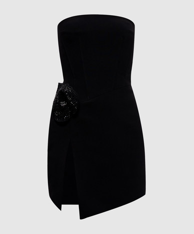 Mini abito nero a corsetto con spacco