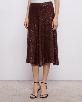 Brunello Cucinelli Brown sequined linen, cashmere and silk skirt MDJ547689