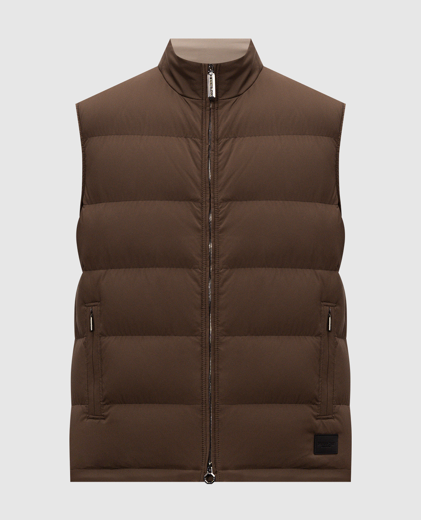 Brown down vest with logo patch