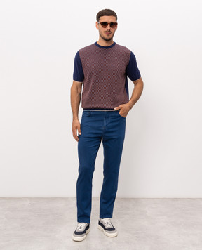 Stefano Ricci Blue silk T-shirt with contrast pattern K212035G10F26191