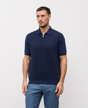 Stefano Ricci Blue polo shirt with patterned silk K212037P31F26193