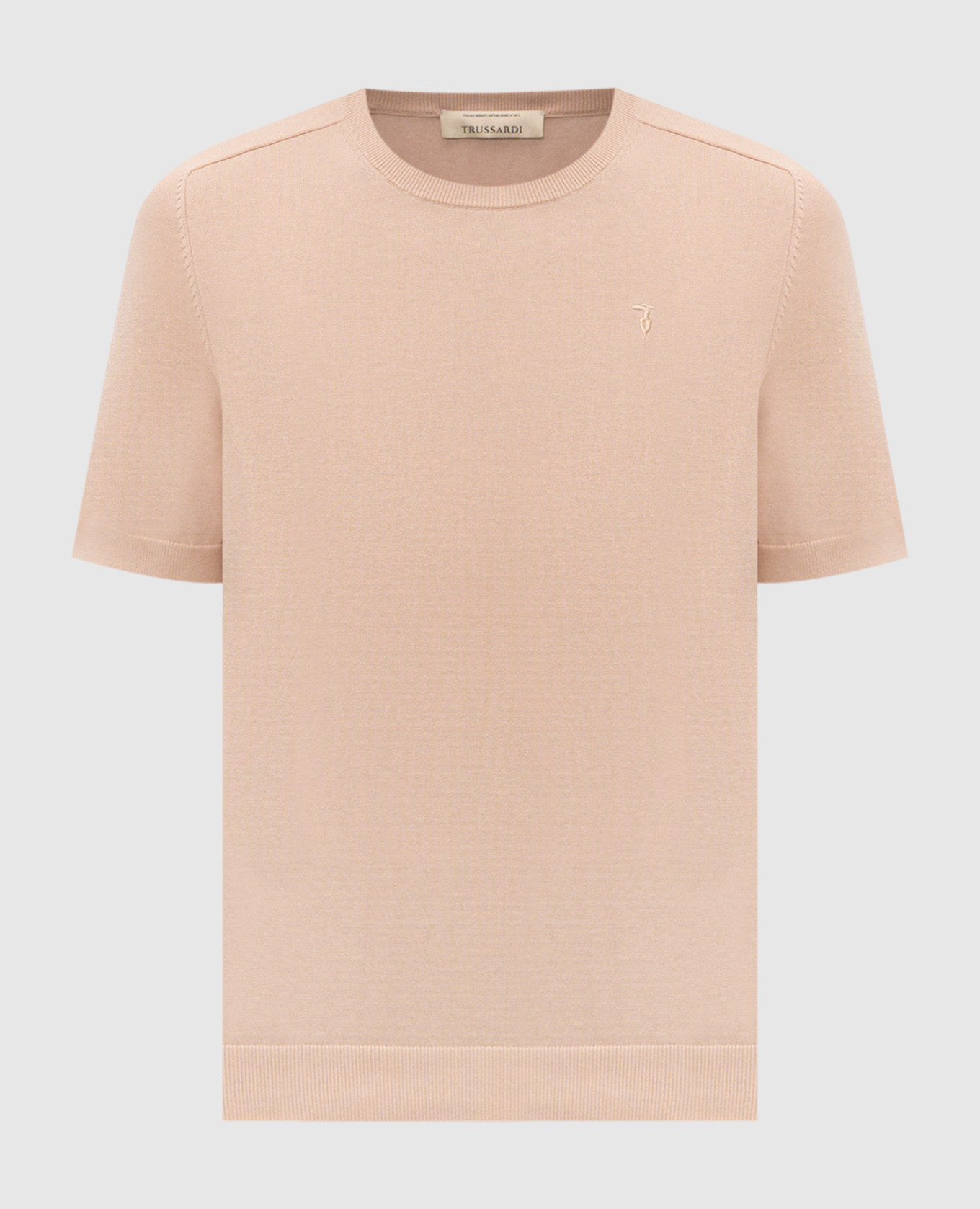 Beige silk T-shirt with embroidered emblem