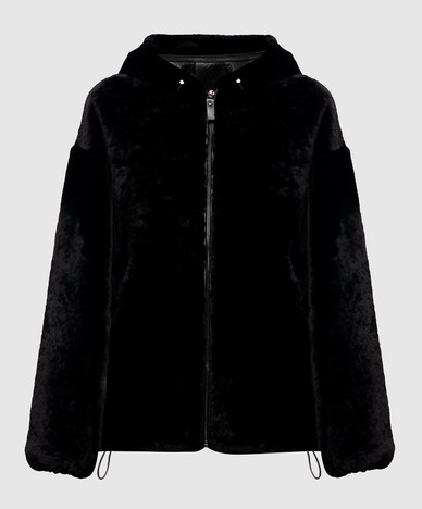Black reversible sheepskin coat with hood