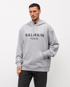 Balmain Grey melange hoodie with logo print GH1JR007BD46