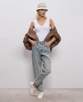 Brunello Cucinelli White ribbed top with monil chain M0TC8BJ312